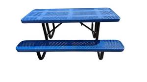 lot 755 image: Blue Perforated Rectangular Picnic Table with Attached Benches