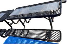 lot 756 image: Rectangular Picnic Table with Attached Bench Seats, Expanded Metal Style Top, Black 6ft