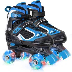 lot 2423 image: Appears Pre Owned Kids Roller Skates for Boys - Blue for Little Kids Age 4 5 6 7- Adjustable All Light up Wheels Indoor Outdoor Sports Birthday Gift for Son and Grandson Small(10C-13C) - Retail $40