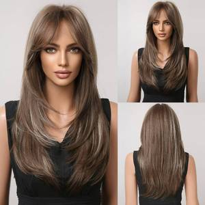 lot 2435 image: HAIRCUBE Dark Brown Wigs for Women,Long Layered Brown with Highlight Wigs with Bangs Heat Resistant Synthetic Fibre Wigs(pelucas de cabello natural) - Retail $28