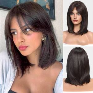 lot 2436 image: HAIRCUBE Dark Brown Wigs for Woemn Straight Wig with Curtain Bangs Shoulder Length Natural Synthetic Wig for Daily Use - Retail $26