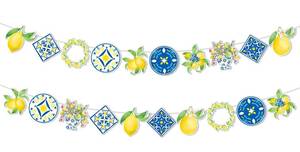lot 2442 image: Capri Lemon Party Decorations Mediterranean Banner Garland Blue and Yellow Tile Design Lemon Summer Party Supplies for Birthday, Baby Shower, Bridal Shower - Retail $14