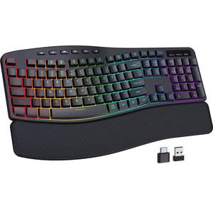 lot 2445 image: COLIKES Wireless Ergonomic Keyboard, Backlit Keyboard Silent with 15 RGB Lighting Effects, Leather Wrist Rest, 2500mAh Rechargeable, Multimedia Keys, Wave Keyboard for PC Computer Laptop Windows Mac - Retail $35