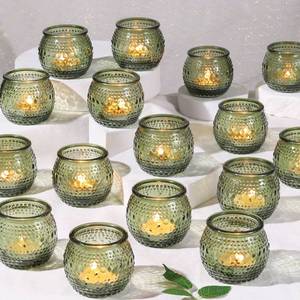 lot 2456 image: 40 Pcs Green Votive Candle Holders, Round Glass Tea Lights Holder with Polka Dot Embossed, Vintage Candle Holder for Weddings, Home Decor, Baby Shower, Special Occasions - Retail $39