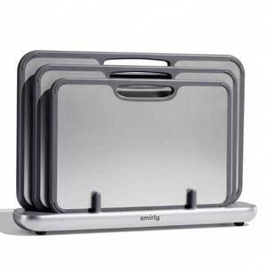 lot 2481 image: SMIRLY Titanium Cutting Board for Kitchen, with Holder, 3 Pack, Silver - Retail $70