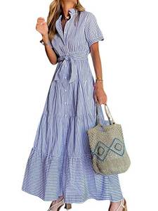 lot 2491 image: utcoco Womens Casual Short Sleeve Button Down Tie Waist Ruffled Striped Maxi Shirt Dress (Medium, Blue) - Retail $31