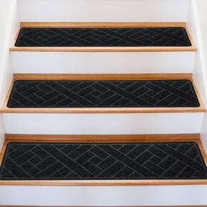 lot 2532 image: OXKVPVF 15 Pack 8 X 30 Non-Slip Carpet Stair Treads for Indoor Wooden Steps, Made of Polyester and Reusable Adhesive, Suitable for Kids Elders and Pets��Black Lines�� - Retail $36