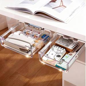 lot 2569 image: TooCust 2 Pack Under Desk Storage Drawers Slide Out-Drill-On or Self-Adhesive,Large&Medium Drawer Under Desk Organizer Under Table Drawer for Home Office School Organization and Storage - Retail $19