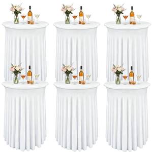 lot 2578 image: 6 Pack Round Spandex Cocktail Table Tablecloth with Skirts, 32 x 43 Inch White Spandex High Top Cocktail Table Covers, Stretch Fitted Round Cocktail Tablecloths for High Top Bar Party Wedding Banquet - Retail $49