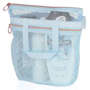 lot 2588 image: DV Lifestyle Mesh Shower Bag 10.2x9.9 Quick-Dry Caddy with Zipper & 2 Pockets. Portable Toiletry Tote for Bathroom, Gym, Travel, Camp, Beach, for Sunscreen, Dorm & College Essentials (Blue) - Retail $8