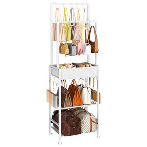 lot 2604 image: DIMJ Purse Organizer for Closet - Floor-standing Handbag Organizer Rack with 16 Hooks, Purse Storage Shelf Stand for Handbags, Totes, Wallets, Scarves, Bedroom Entryway and Walk-in Closet, White - Retail $37