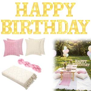 lot 2613 image: Redbaker Happy Birthday Light up Letters Pink Picnic Set 91x71 Blanket - Retail $50