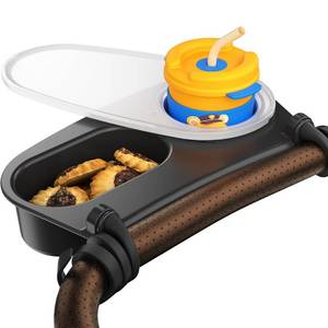 lot 2622 image: Upgrade Universal Stroller Snack Tray-Compatible with Nuna Uppababy Bugaboo,Stroller Cup Holder Tray with Silicone Arms Grip Bumper Bar,Stroller Tray Attachment with Cups Holder for Baby Toddler - Retail $18