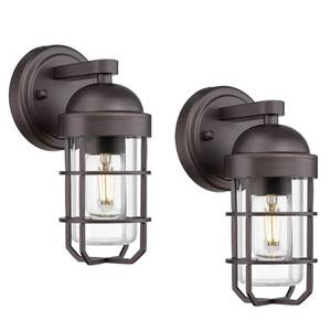 lot 2625 image: Emliviar Farmhouse Outdoor Wall Sconces, 2 Pack Vintage Exterior Light Fixtures with Nautical Metal Cage and Tempered Glass, Oil Rubbed Bronze Finish, GE255B-2PK ORB - Retail $75