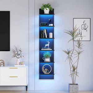 lot 2631 image: Qupui 6-Tier Wall Shelf with LED Remote, 57 Floating Storage, Black - Retail $1,205