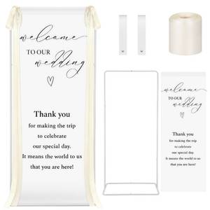 lot 2633 image: Lumina Garden Wedding Welcome Linen Sign Stand with Satin Ribbon(Beige) - Retail $50