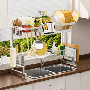lot 2647 image: ADBIU Luxurious 304 Stainless Steel Over Sink Dish Drying Rack (Suitable for Sink Length 24.6- 36.2) Snap-On Design 2 Tier Large Kitchen Dish Rack Stainless Steel Counter Organization and Storage - Retail $64