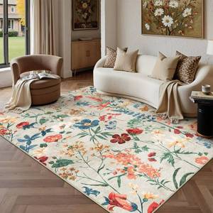 lot 2664 image: PureCozy Washable Floral Area Rug 5x7 for Living Room Vintage Beige Carpet - Retail $47
