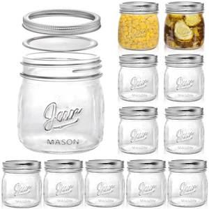 lot 2675 image: Lyellfe 12 Pack Wide Mouth Mason Jars, 16 Oz Short Glass Canning Jar - Retail $27