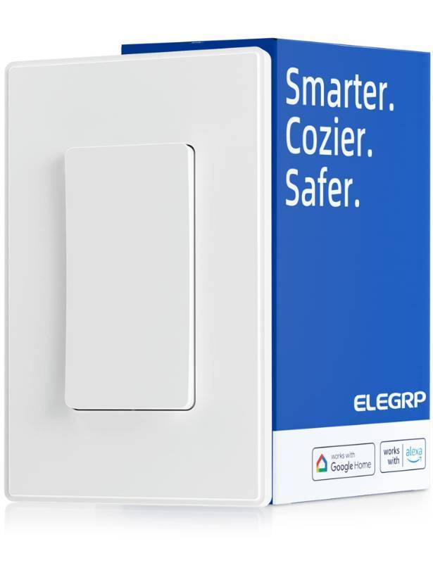 lot 1123 image: ELEGRP Smart Light Switch, 2.4GHz Wi-Fi Light Switch Compatible with Alexa & Google Assistant, Neutral Wire Required, APP Control and Timer Schedule, UL Certified, Single Pole3 Way, White, 1 Pack - Retail $23