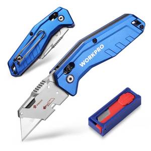 lot 1017 image: WORKPRO Premium Axis Lock Utility Knife Folding, Heavy Duty Metal Box Cutter with Quick Open Lock, Quick Change Blade Razor Knife, Foldable Pocket Knife with Belt Clip - Retail $17
