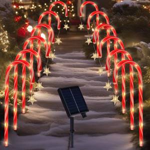 lot 1054 image: 12 Pack Christmas Pathway Lights Outdoor Decorations, 8 Modes Solar Candy Cane Lights with Star, Outdoor Christmas Waterproof Stake Lights for Walkway, Yard, Porch, Garden Decor (12 Pack) - Retail $37