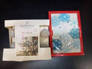 lot 1076 image: Hearth & Hand Felt Ball Garland 6 ft  Wondershop Snowflake Ornament Set 10 Ct - Retail $22