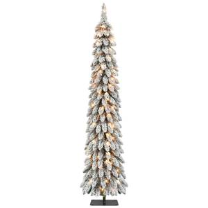 lot 1079 image: Holiday Time 7ft Pre-Lit Flocked Alpine Pencil Christmas Tree - Retail $110