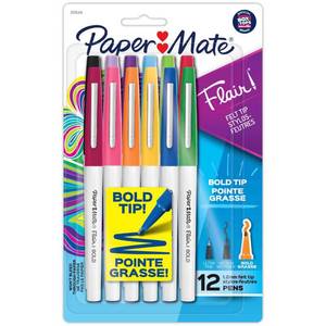 lot 1086 image: Paper Mate Flair Pens  Felt Tip Pens  #1 Teacher Choice  Bold Tip (1.2 mm)  Assorted Colors  12 Count - Retail $16