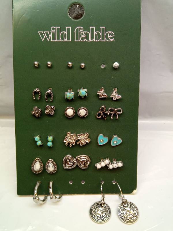 lot 119 image: Butterfly Bows and Hearts with Turquoise Howlite Earring Set 16pc - Wild Fable SilverTurquoise Post, Clip-In Clasp, Recycled Zinc - Retail $15