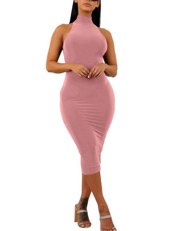 lot 173 image: GOBLES Womens Sexy Halter High Neck Elegant Sleeveless Bodycon Midi Club Dress Dark Pink Small Retail $26