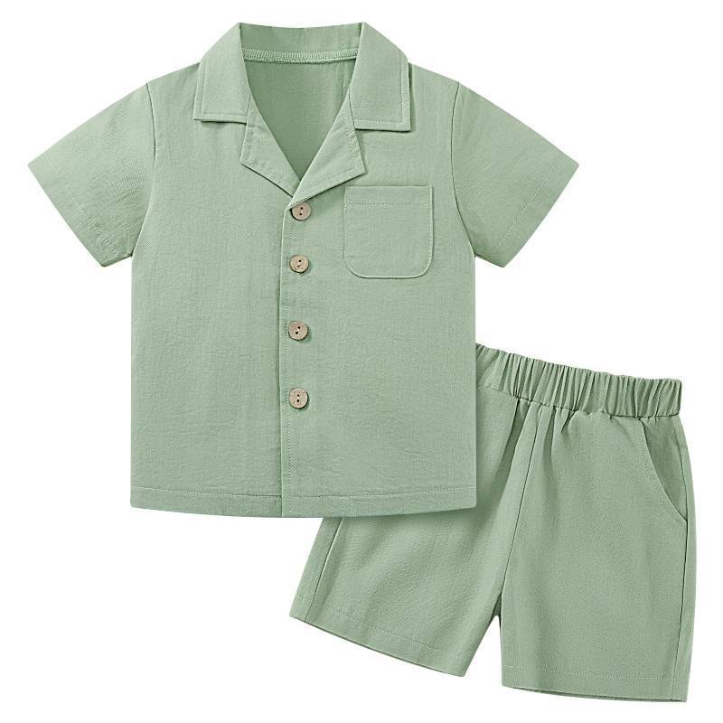 lot 176 image: Baby Boy Clothes Set Toddler Summer Outfit Cotton Linen Short Sleeve T-Shirt Top Pocket Button-Down Shirt Short Set Green - Retail $20