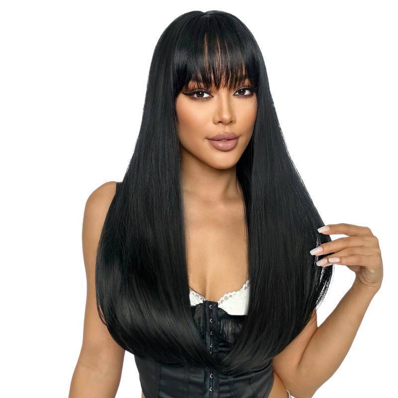 lot 179 image: SUKRI Long Straight Black Wig with Bangs Natural Black Hair Wigs for Women Synthetic Heat Resistant Wigs for Girls Daily Party Use 22 Inch - Retail $24