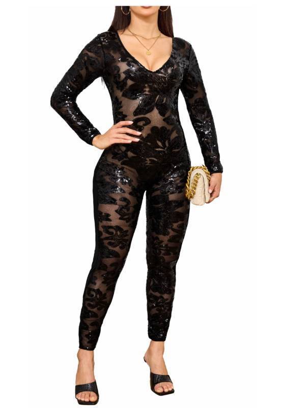lot 207 image: Tiberu Womens Sparkly Sequin Deep V Neck Bodycon Jumpsuit Nightclub Sexy Sheer Mesh Jumpsuit Birthday Outfits (Black, XL) Retail $45