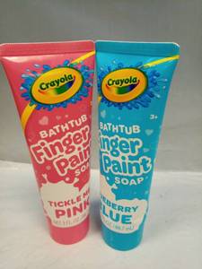 lot 134 image: Crayola Bathtub Finger Paint Soap 3 fl oz 3 Pack Pink Blue & Red - Retail $11