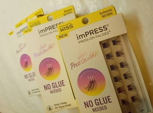 lot 147 image: Lot of 3-  KISS imPRESS Falsies Press On Self Adhesive Eyelashes  Authentic  Black  12 Lash Clusters - Retail $27