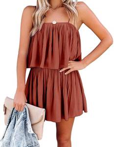 lot 196 image: PRETTYGARDEN Women��s Summer Short Rompers Spaghetti Strap Elastic Waist Square Neck Ruffle Casual Flowy Jumpsuits (Brown,Medium) - Retail $20