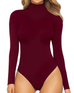 lot 200 image: MANGOPOP Womens Turtle Neck Long Sleeve Bodysuit Jumpsuit Burgundy L - Retail $25