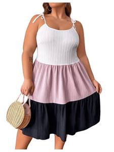 lot 212 image: MakeMeChic Womens Plus Size Tie Shoulder Sleeveless Summer Dress Colorblock Ruffle Flowy Loose Cami Dress Multicolor US2426 - Retail $15