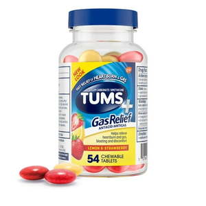 lot 220 image: Tums Chewy Bites with Gas Relief Extra Strength Chewable Antacid for Heartburn - Lemon & Strawberry - 54ct - Retail $14