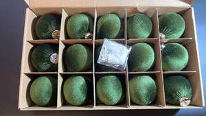 lot 70304 image: 15 Green Glitter Ball Ornaments with Metal Caps and Hangers - Retail $22