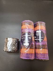 lot 71134 image: Decorative Ribbon 3-Pack Halloween Orange Purple Brown Striped, Spiderweb Ribbon  - Retail $8