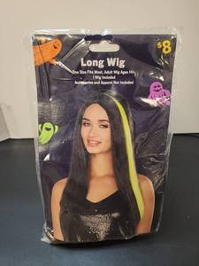 lot 71193 image: Long Wig Black with Neon Yellow Highlight One Size Adult Ages 14 - Retail $8
