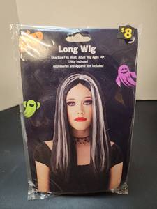lot 71215 image: Long Wig One Size Fits Most Adult Ages 14 Black with Gray Streaks - Retail $8