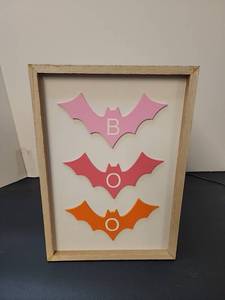 lot 71222 image: Framed Wall Art Three Bat Shapes Pink Red Orange Letters B O O - Retail $5