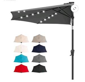 lot 9713 image: 9 ft Solar Half Patio Umbrella with 25 LED Lights Half Outdoor Umbrella with Button Tilt - Retail $124
