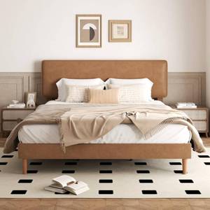 lot 9714 image: Sismplly King Size Upholstered Bed Frame with Adjustable Headboard, Faux Leather Platform Bed with Wood Slats, Lychee Grain Leather, No Box Spring Needed, Easy Assembly, Noise Free, Brown - Retail $219