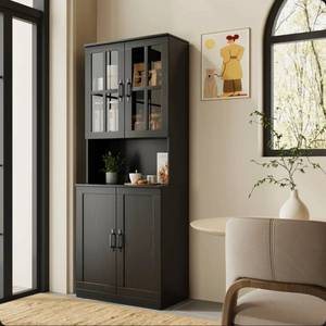 lot 9724 image: Kitchen Pantry With Bookcases, Glass Door Kitchen Hutch, Black  - Retail $269
