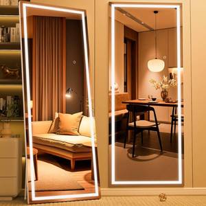 lot 9725 image: WINNICE 71 x 24 Full Length Mirror with Lights, LED Lighted Floor Standing Body Mirror, Dimmable & 3 Color Lighting for Bedroom, Cloakroom, Dressing Room, Tempered Glass, White Frame - Retail $78