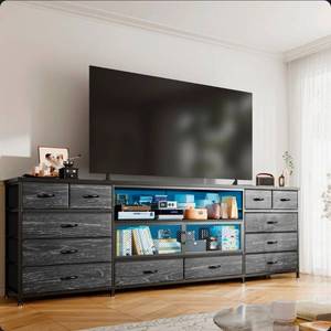 lot 9726 image: Modern Tv Stand With 14 Drawers, Led Lighting & Built-in Power Outlets For 657580 Inch Tvs, Fabric Storage Dresser With Mesh Door Compartments - Retail $309